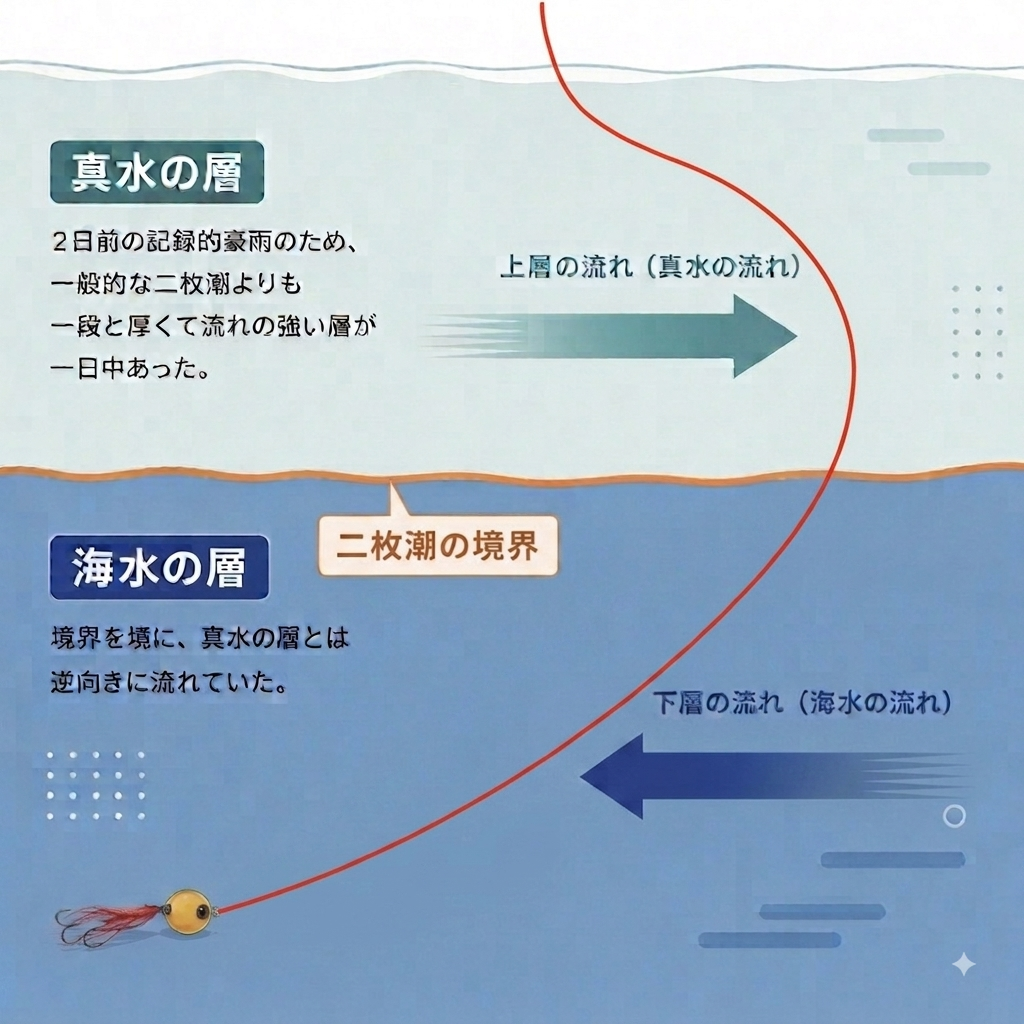 豪雨の影響による強烈な二枚潮