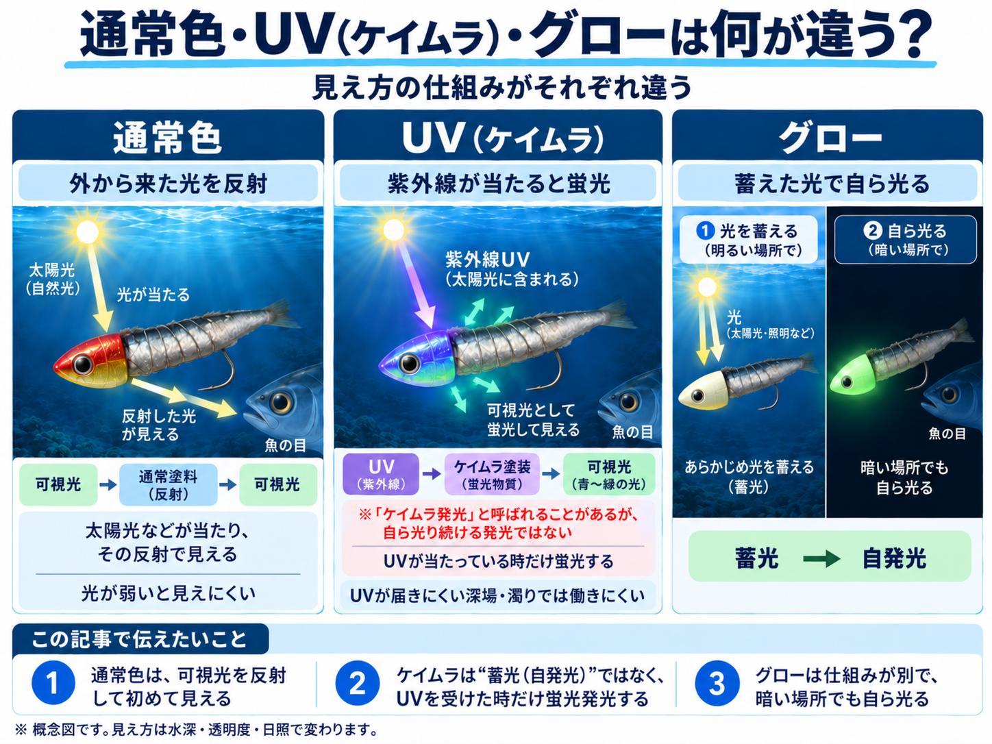 通常色、ケイムラ、グローの見え方の仕組みの違い