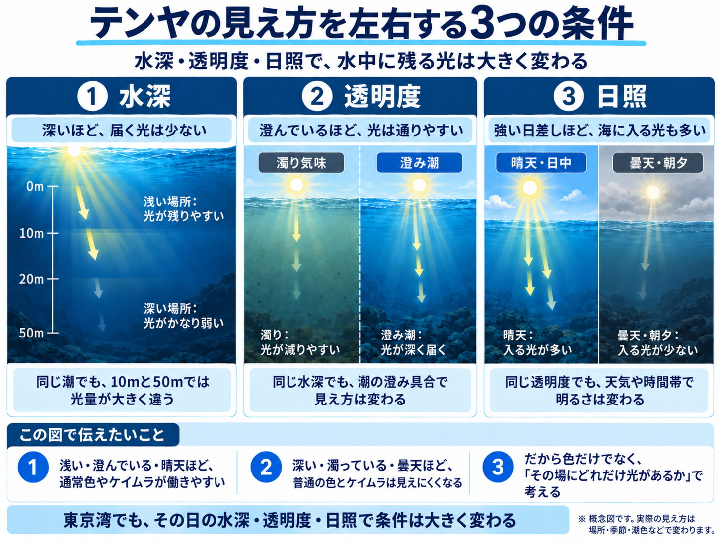 水深、透明度、日照による水中光量の違い